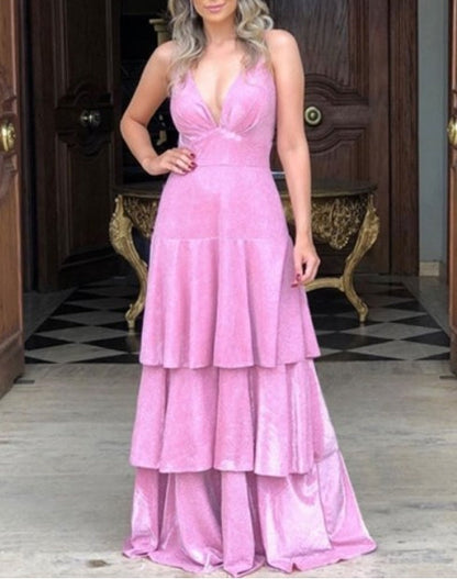 Pink A-Line V-Neck Spaghetti Straps Layered Ruffle Long Prom Dresses