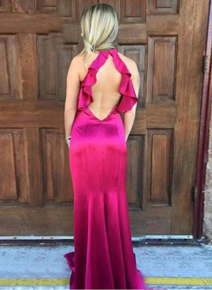 Fuchsia Mermaid Halter Ruffle High Neck Long Prom Dress With Open Back