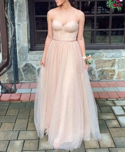 Champagne Strapless Sweetheart Pleated Bodice Tulle Long Prom Dresses