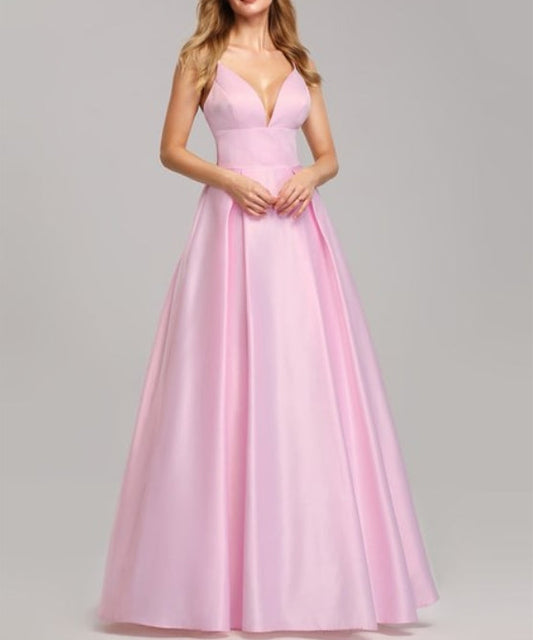 Pink Sleeveless Long Prom Dress With Low V-Neck And Adjustable Straps