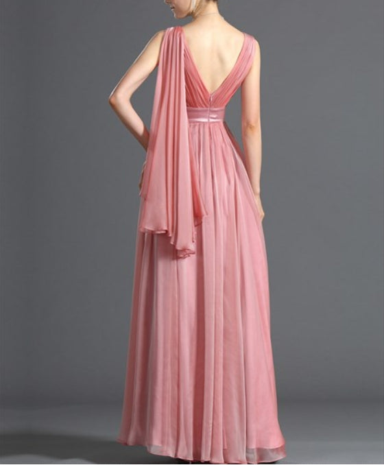 Watermelon V Neck Sleeveless Long Chiffon Prom Dress With Cape