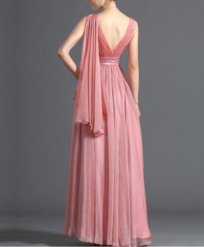 Watermelon V Neck Sleeveless Long Chiffon Prom Dress With Cape