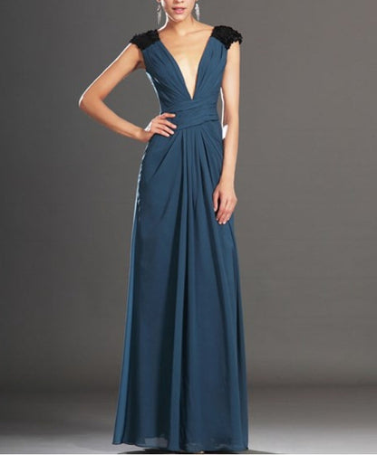 Deep V Neck Sleeveless Sequin Embellished Floor Length Prom Dress