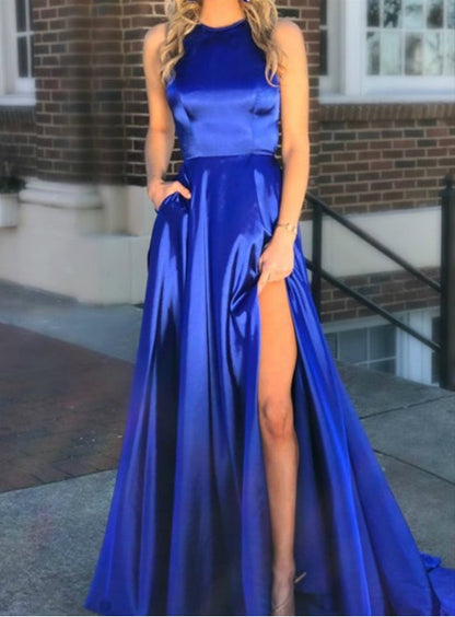 Royal Blue High Neck Cut Out Back Satin Long Prom Dress With Split