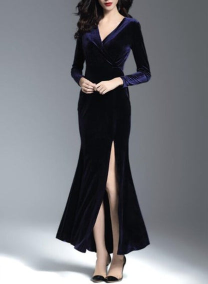 Navy Blue Navy Blue V Neck Long Sleeve Ruched Sheath Long Prom Dress With Split