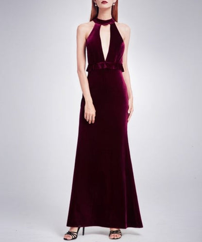 Burgundy Elegant Velvet Sleeveless Long Prom Dress With Keyhole Front