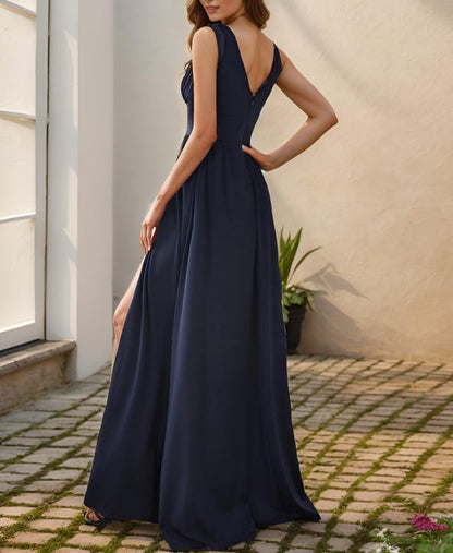 Navy Blue Women's Prom Dresses Deep V-Neck Sleeveless Side Slit Floor Length Wedding Guest Dress