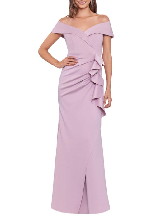 Blush Pink Women's Long Off Shoulder Sweetheart Neck Side Ruffle Prom Dress