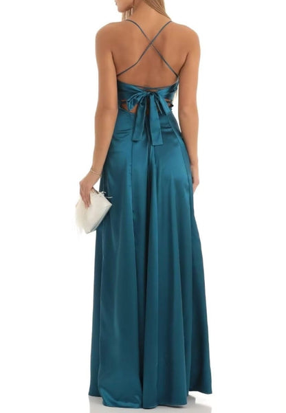 Straps Satin Prom Dresses Long for Women Formal Pleated Aline Corset Prom Dress with Slit
