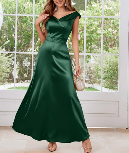 Dark Green Women's Vintage V Neck Satin Cocktail Prom Floor Length Dress