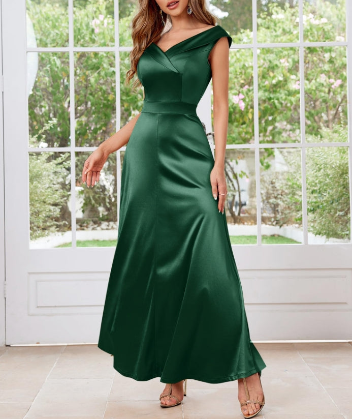 Dark Green Women's Vintage V Neck Satin Cocktail Prom Floor Length Dress