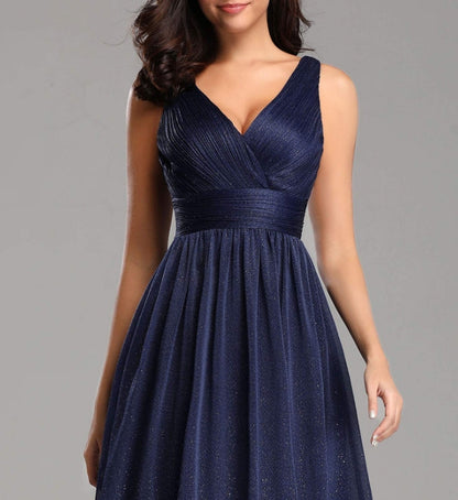 Navy Blue Women's V-Neck High Wasit Glitter Maxi Prom Dress