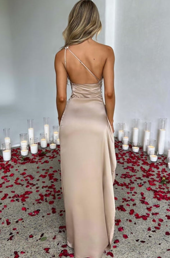 One Shoulder Mermaid Satin Prom Dress Thin Back Strap Formal Evening Party Gown with Slit
