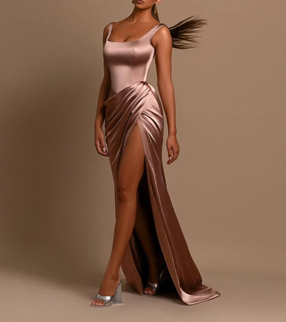 Dusty Rose Prom Dresses with Slit Corset Ruched Formal Long Evening Gown for Women