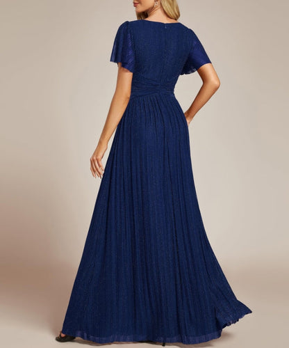 Navy Blue Women's Summer V Neck Pleated Short Sleeves Formal Prom Dresses