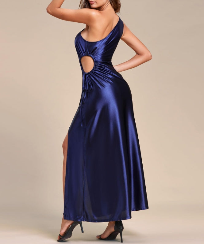 Navy Blue Women's Sexy Cutout High Split A-Line Satin Summer Trendy Formal Prom Dress For Wedding Guest Dress