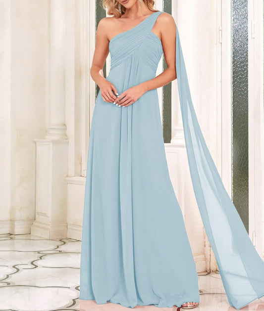 Sky Blue Women's Summer One-Shoulder Empire Waist Chiffon Pleated Maxi Formal Prom Dress