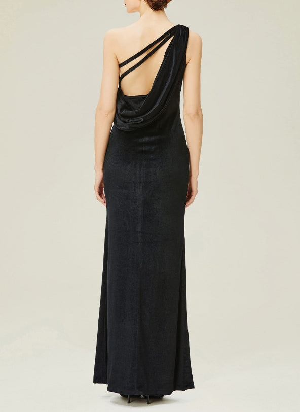 Black Formal Dresses for Women Prom Velvet Gown One Shoulder Prom Dresses Sexy Back Ruffles
