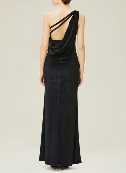 Black Formal Dresses for Women Prom Velvet Gown One Shoulder Prom Dresses Sexy Back Ruffles