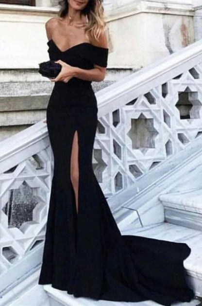 Sexy Black Off the Shoulder Split Mermaid Sweep Train Prom Dress Evening Dresses