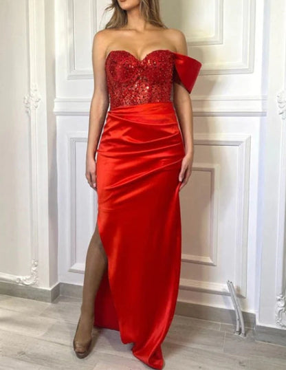 Glamorous Red Jewel Mermaid Upper Body Sequin Style Long Formal Prom Dress With Pleats