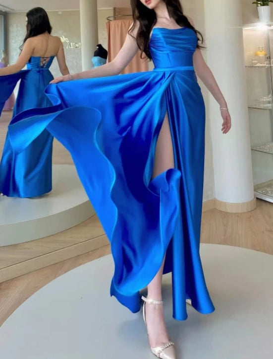 Royal Blue Strapless Sleeveless Prom Dress with Split