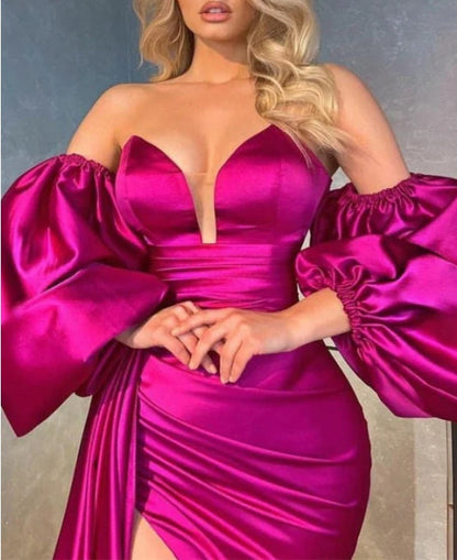 Shiny V-Neck Prom Dress with Detachable Sleeves Ruffles and Split