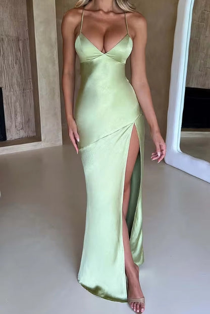 Fashion Sexy Satin Backless Camis Dress Spaghetti Strap Split Hem Silk Bodycon Casual Lace-up Summer Prom Long Dress