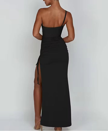 Drawstring High Slit Dress Women Sexy One Shoulder Slim Elastic Maxi Prom Pleated Vestidos Female Dresses