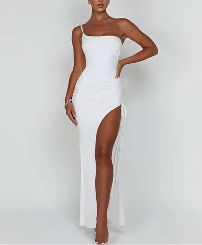 Drawstring High Slit Dress Women Sexy One Shoulder Slim Elastic Maxi Prom Pleated Vestidos Female Dresses