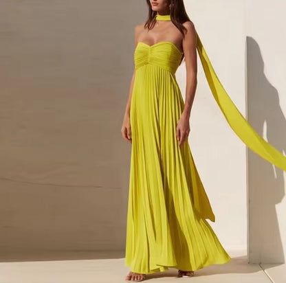 Elegant Strapless Ribbon Long Dress Women Sexy Sleeveless Backless Pleated Prom Dresses Summer Lady Sexy Evening Robes New