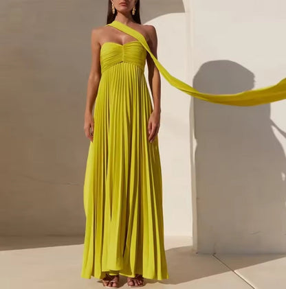 Elegant Strapless Ribbon Long Dress Women Sexy Sleeveless Backless Pleated Prom Dresses Summer Lady Sexy Evening Robes New