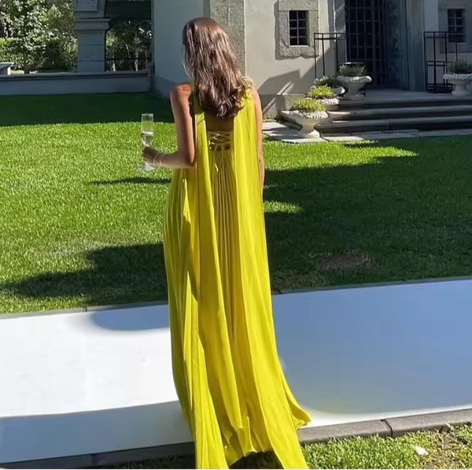 Elegant Strapless Ribbon Long Dress Women Sexy Sleeveless Backless Pleated Prom Dresses Summer Lady Sexy Evening Robes New