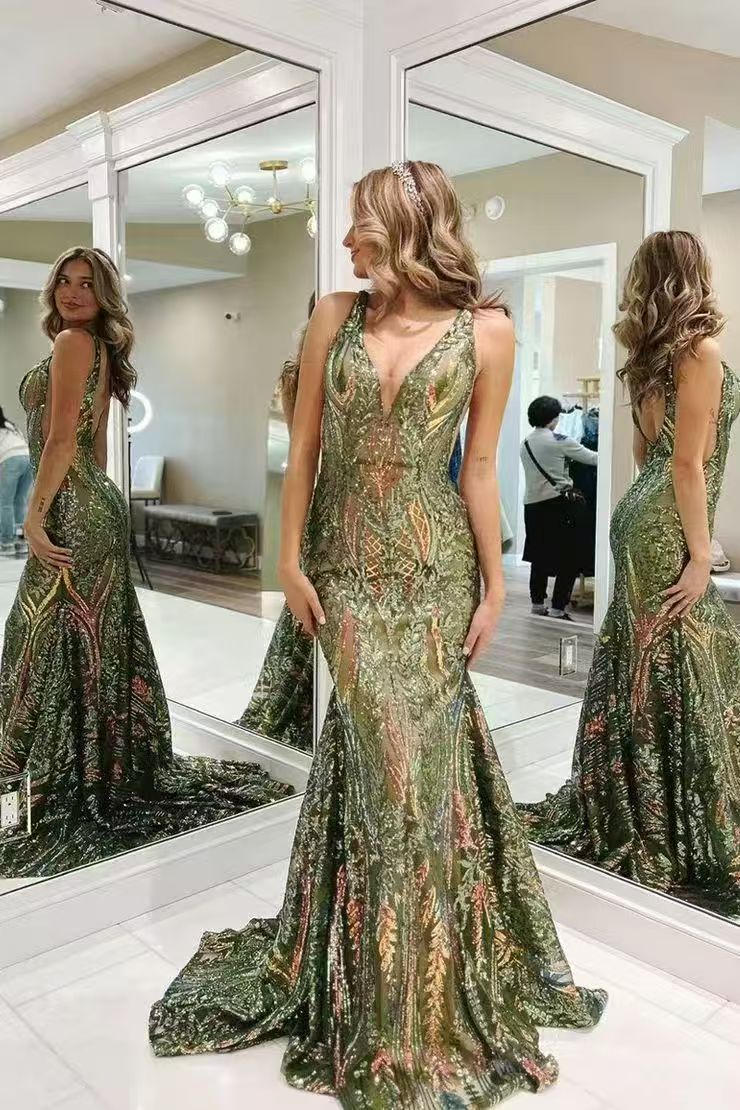 Mermaid V Neck Blue Sequin Lace Long Prom Dresses