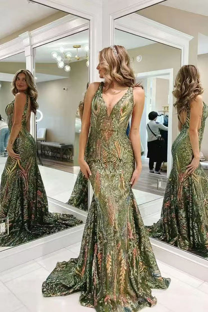 Mermaid V Neck Blue Sequin Lace Long Prom Dresses