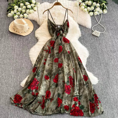 New Women Simple Fashion Spaghetti Strap High Waist Floral Dress HZ1024