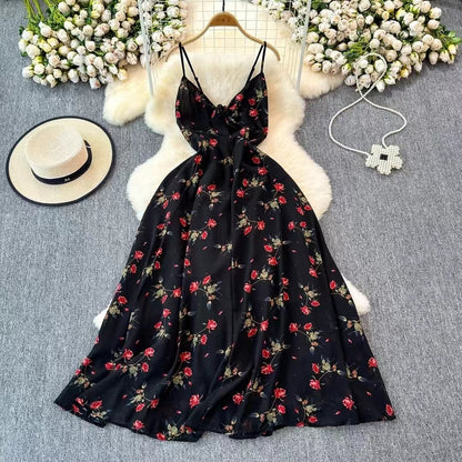 Boho Style V-neck Spaghetti Strap High-waisted Colorful Floral Dress HZ1024
