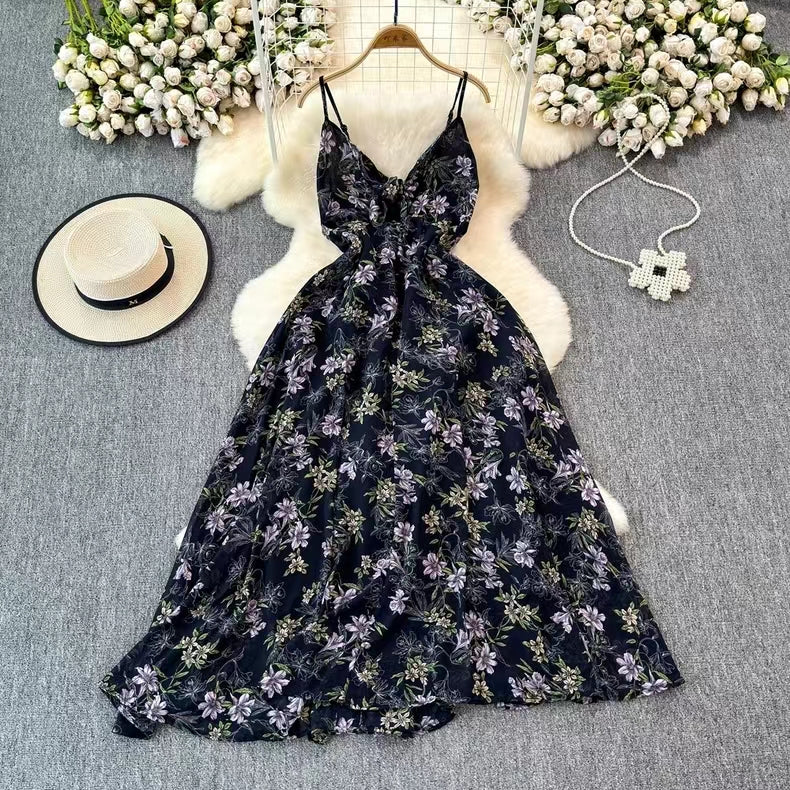 Boho Style V-neck Spaghetti Strap High-waisted Colorful Floral Dress HZ1024