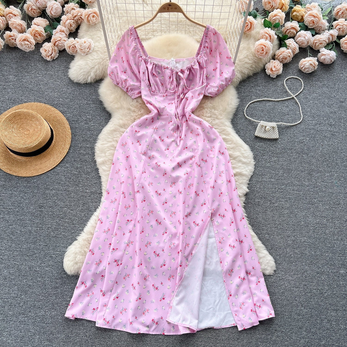 Vintage Simple Square Collar Puffed Sleeves Floral Dress HZ1024