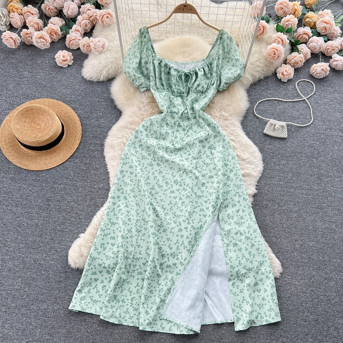 Vintage Simple Square Collar Puffed Sleeves Floral Dress HZ1024
