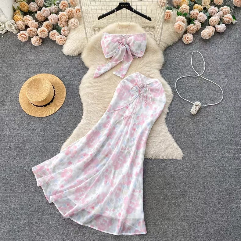Seaside Holiday Sexy Halter top Mermaid Floral Skirt Two-piece Set HZ1024