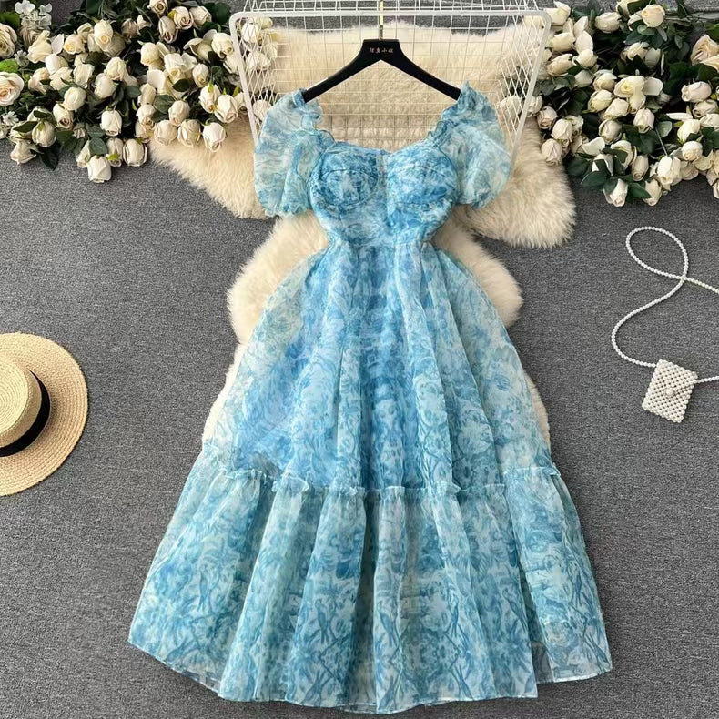 New French Audrey Hepburn Style Puff Sleeve Organza Floral Ball Gown HZ1024