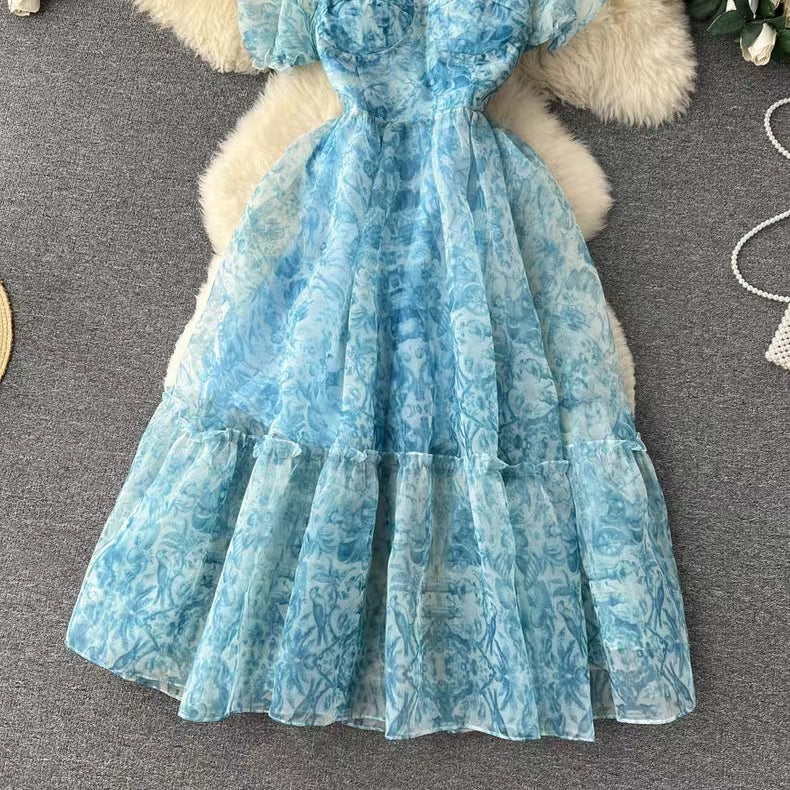 New French Audrey Hepburn Style Puff Sleeve Organza Floral Ball Gown HZ1024