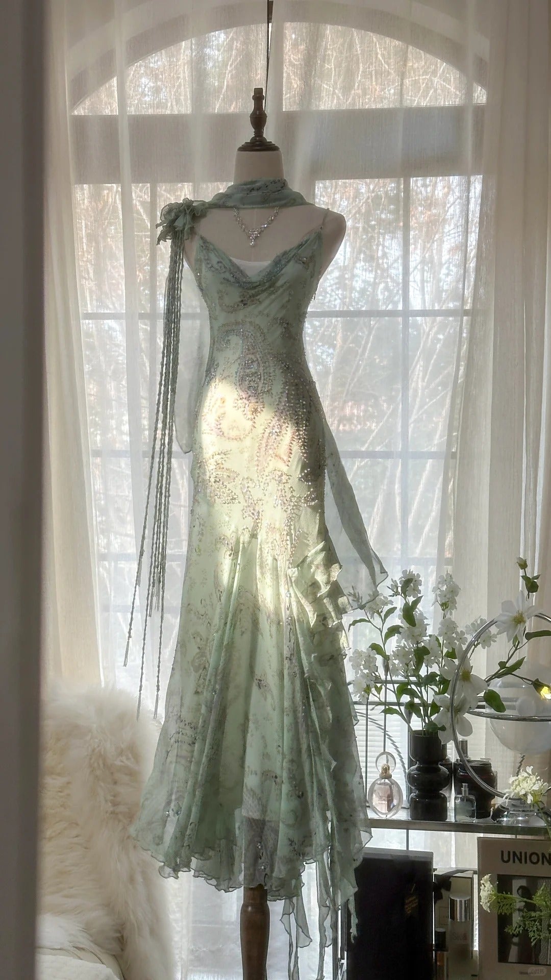 Mint Green Romantic Fashion Elegant Exquisite Beading Spaghetti Straps Long Tulle Chiffon Ruffle Ball Gown Evening Dress Party Dress gh4058