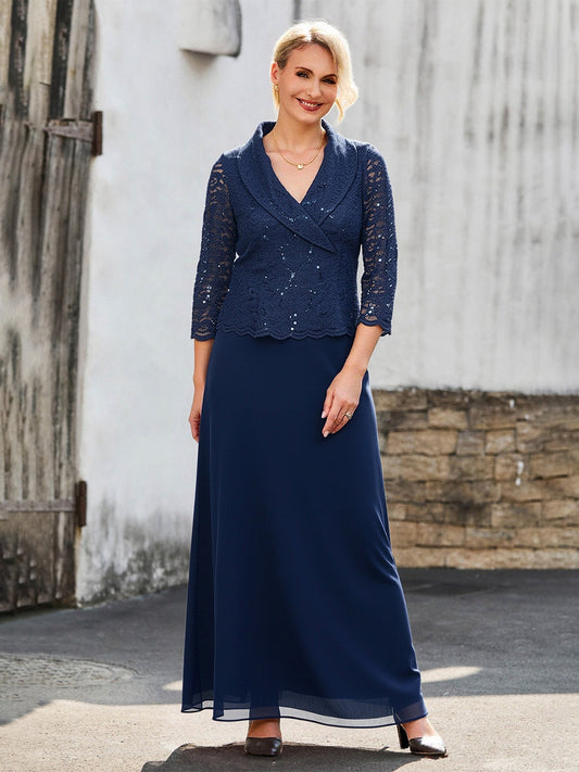 Lace Sequins 3/4 Sleeves Chiffon A-Line Long Dress Dark Navy
