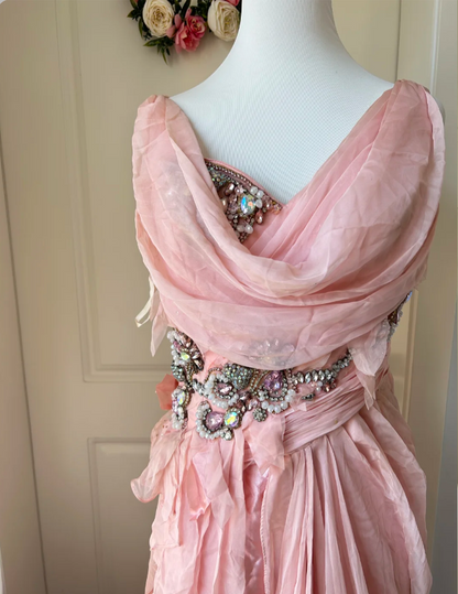 Vintage Pink A-line Rhinestone Beaded Chiffon Long Prom Dress Evening Dress cc5345