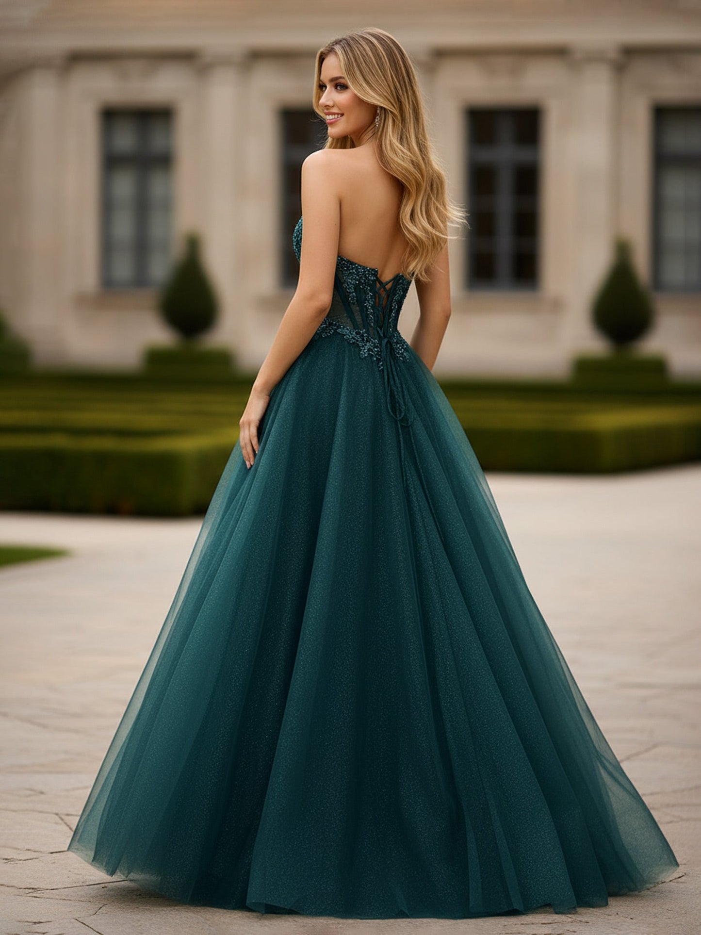 Strapless A-Line Applique Long Tulle Dress With Slit Ink Blue