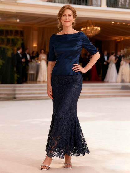 Bateau Neck Satin Lace Sheath Tea-length Dress Dark Navy