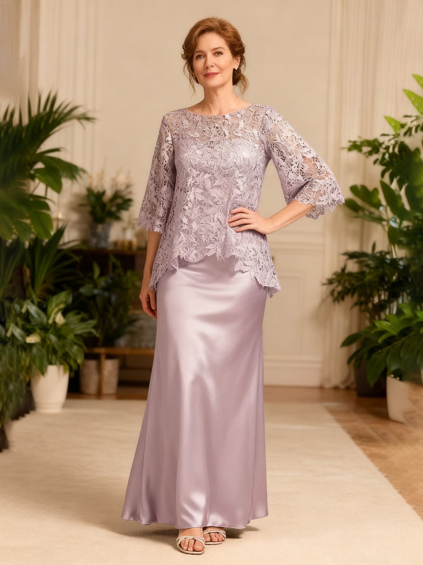 Bateau Neck Sheath Long Dress With Lace Jacket Dusk
