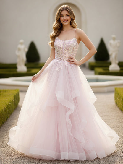 Spaghetti Straps Applique Bodice Tulle Long Dress Blushing Pink